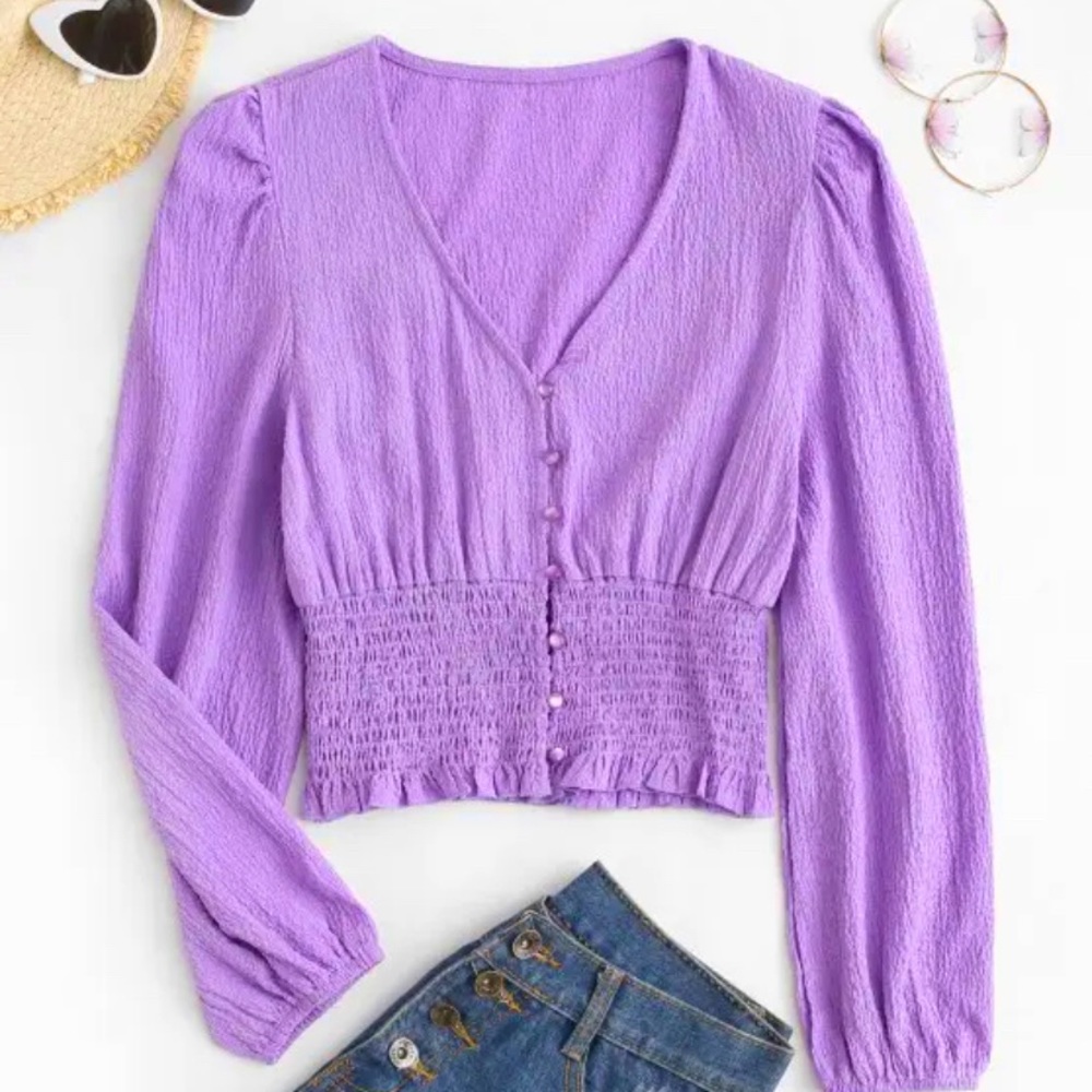 ZAFUL Smocked Button-Up Blouse